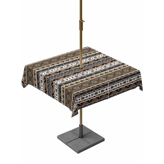 Outdoor Tablecloth with Umbrella Hole for Patio/Picnic/Party/Camping, Brown Black Boho Waterproof Table Cloth Square Cover Washable, Vintage Tribal Striped Southwestern (60"x 60")