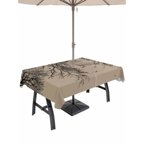 Outdoor Tablecloth with Umbrella Hole for Patio/Picnic/Party/Camping, Brown Black Branches Waterproof Table Cloth Rectangle Table Cover Washable, Botanical Dead Tree Birds (60"x 84")