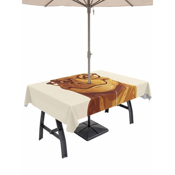 Outdoor Tablecloth with Umbrella Hole for Patio/Picnic/Party/Camping, Brown Dinosaurs Waterproof Table Cloth Rectangle Table Cover Washable, Funny Animals Modern Art (54"x 80")
