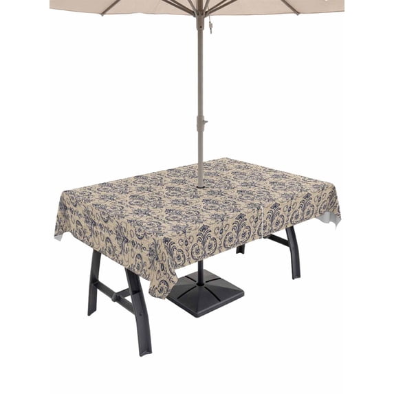 Outdoor Tablecloth with Umbrella Hole for Patio/Picnic/Party/Camping, Brown Floral Abstract Waterproof Table Cloth Rectangle Table Cover Washable, Vintage Ethnic Bohemian Flowers (60"x 84")