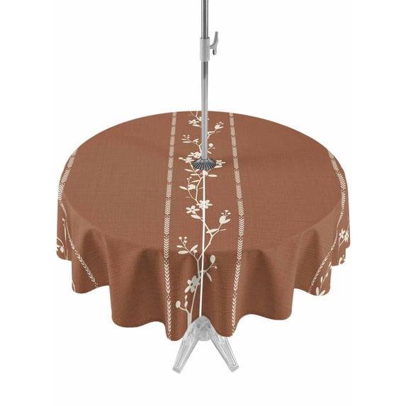 Outdoor Tablecloth with Umbrella Hole for Patio/Picnic/Party/Camping, Brown Flowers Branch Waterproof Table Cloth Round Cover Washable, Spring Summer Farmhouse Botanical (Dia 54")