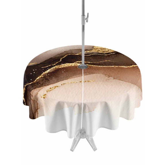 Outdoor Tablecloth with Umbrella Hole for Patio/Picnic/Party/Camping, Brown Gold Marble Waterproof Table Cloth Round Cover Washable, Modern Simple Abstract Fluid Art (Dia 60")