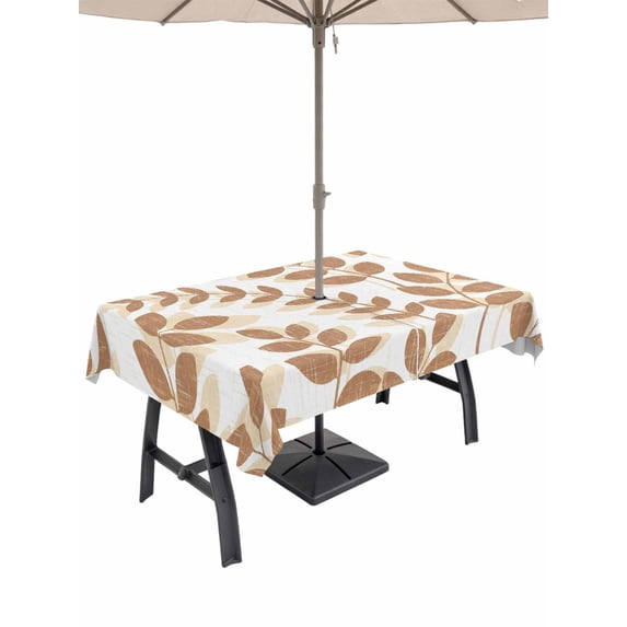 Outdoor Tablecloth with Umbrella Hole for Patio/Picnic/Party/Camping, Brown Leaves Waterproof Table Cloth Rectangle Table Cover Washable, Summer Farmhouse Botanical Leaf Branch (60"x 120")