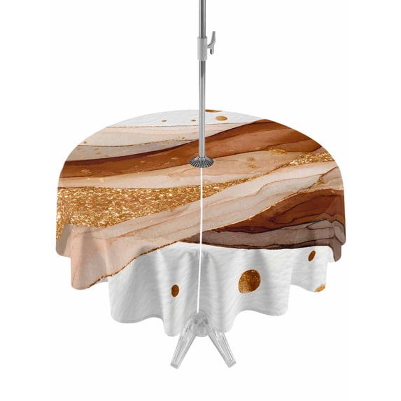 Outdoor Tablecloth with Umbrella Hole for Patio/Picnic/Party/Camping, Brown Marble Waterproof Table Cloth Round Cover Washable, Vintage Gradient Abstract Aesthetic Art (Dia 54")
