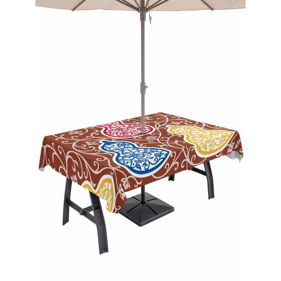 Outdoor Tablecloth with Umbrella Hole for Patio/Picnic/Party/Camping, Brown Red Gourd Waterproof Table Cloth Rectangle Table Cover Washable, Modern Abstract Art Floral (52"x 70")