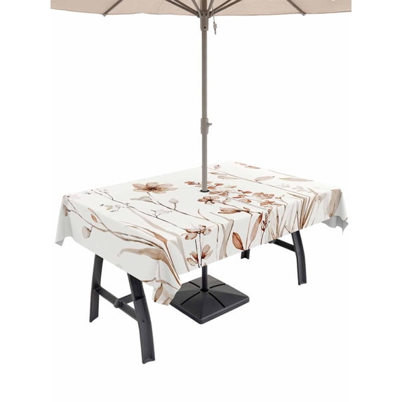 Outdoor Tablecloth with Umbrella Hole for Patio/Picnic/Party/Camping, Brown Red Spring Floral Waterproof Table Cloth Rectangle Table Cover Washable, Summer Flowers Botanical Elegant (60"x 120")