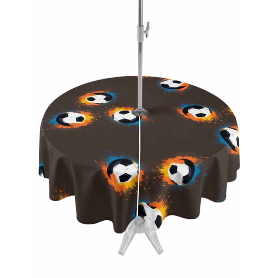 Outdoor Tablecloth with Umbrella Hole for Patio/Picnic/Party/Camping, Brown Soccer Waterproof Table Cloth Round Cover Washable, Orange Blue Football Sports (Dia 54")