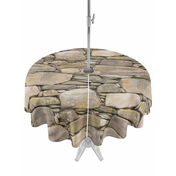 Outdoor Tablecloth with Umbrella Hole for Patio/Picnic/Party/Camping, Brown Stone Wall Waterproof Table Cloth Round Cover Washable, Vintage Country Rocks Brick Pattern (Dia 60")