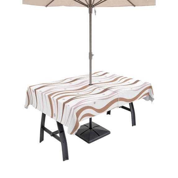 Outdoor Tablecloth with Umbrella Hole for Patio/Picnic/Party/Camping, Brown Stripes Waterproof Table Cloth Rectangle Table Cover Washable, Minimalism Ombre Waves Abstract Textures (60"x 102")