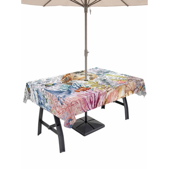 Outdoor Tablecloth with Umbrella Hole for Patio/Picnic/Party/Camping, Brown Turtle Coastal Waterproof Table Cloth Rectangle Table Cover Washable, Summer Beach Coral Seahorse Ocean Octopus (54"x 80")