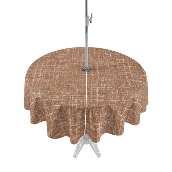 Outdoor Tablecloth with Umbrella Hole for Patio/Picnic/Party/Camping, Brown Waterproof Table Cloth Round Cover Washable, Farmhouse Vintage Brown Solid Color Modern (Dia 54")