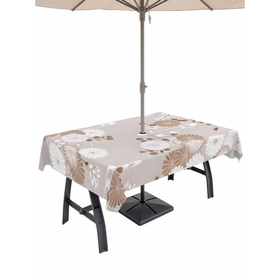 Outdoor Tablecloth with Umbrella Hole for Patio/Picnic/Party/Camping, Brown White Floral Waterproof Table Cloth Rectangle Table Cover Washable, Spring Botanical Leaves Farmhouse (60"x 102")