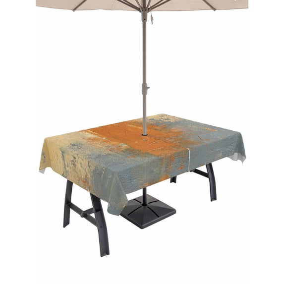 Outdoor Tablecloth with Umbrella Hole for Patio/Picnic/Party/Camping, Burnt Orange Cement Gray Waterproof Table Cloth Rectangle Table Cover Washable, Modern Abstract Art Orange (54"x 80")