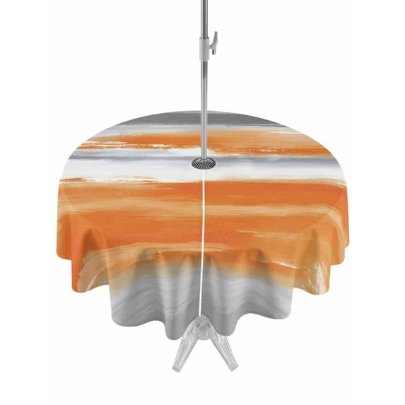 Outdoor Tablecloth with Umbrella Hole for Patio/Picnic/Party/Camping, Burnt Orange Grey Waterproof Table Cloth Round Cover Washable, Abstract Art Oil Painting Stripes Aesthetic (Dia 54")