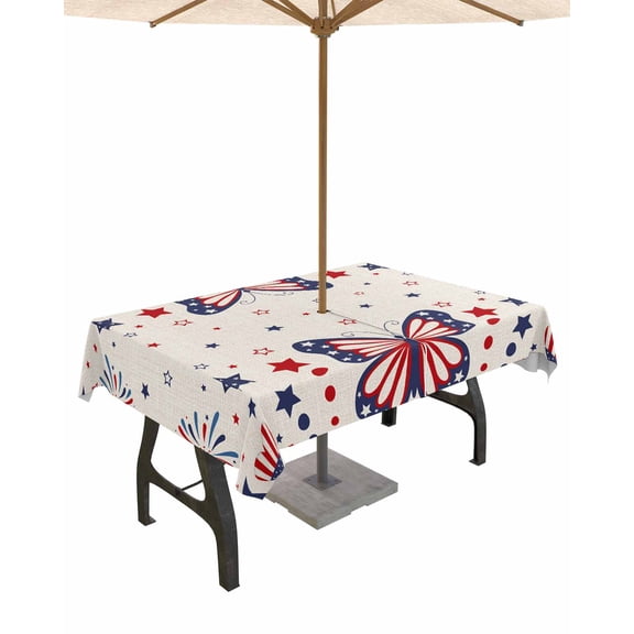 Outdoor Tablecloth with Umbrella Hole for Patio/Picnic/Party/Camping, Butterfly 4th of July Waterproof Table Cloth Rectangle Table Cover Washable, Independence Day Star Blue Red Rustic (60"x 120")
