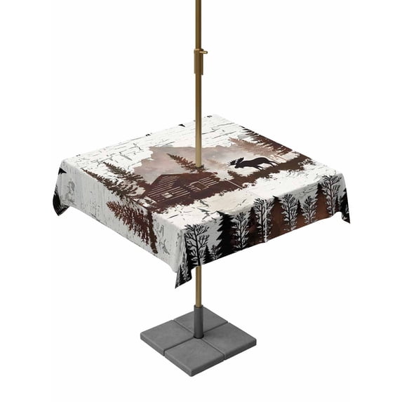 Outdoor Tablecloth with Umbrella Hole for Patio/Picnic/Party/Camping, Cabin Elk Forest Waterproof Table Cloth Square Cover Washable, Farmhouse Pine Tree Beige Vintage (60"x 60")