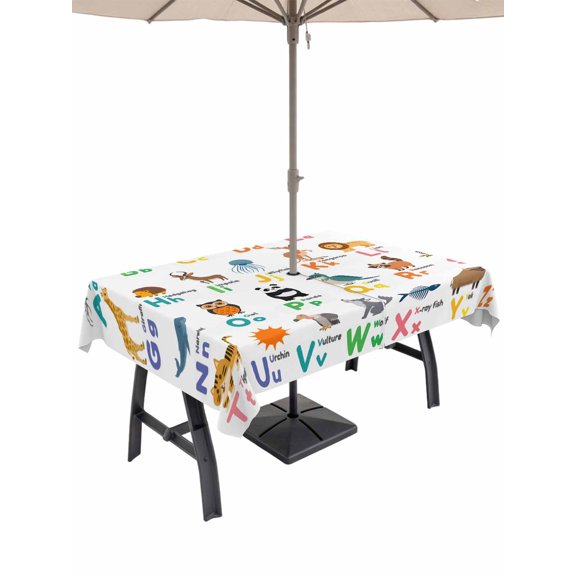 Outdoor Tablecloth with Umbrella Hole for Patio/Picnic/Party/Camping, Cartoon Animal Waterproof Table Cloth Rectangle Table Cover Washable, Funny Cute Tiger Giraffe Lion Elephant (60"x 102")