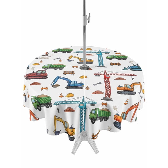 Outdoor Tablecloth with Umbrella Hole for Patio/Picnic/Party/Camping, Cartoon Construction Vehicle Waterproof Table Cloth Round Cover Washable, Modern Excavator Crane (Dia 54")