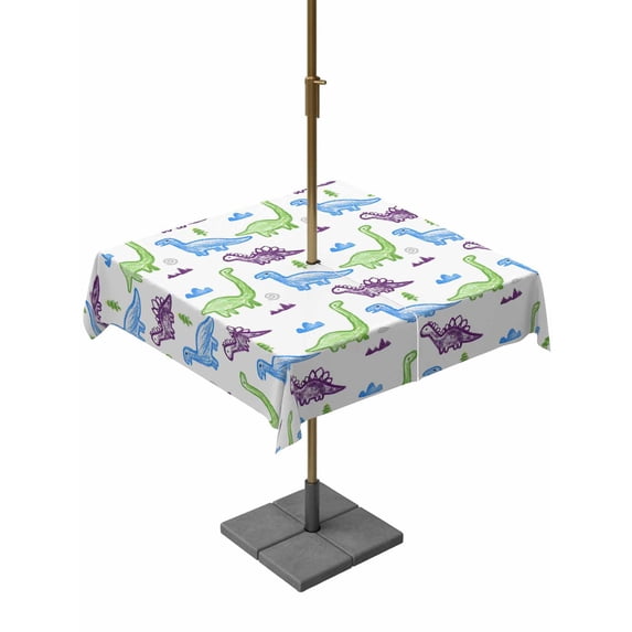 Outdoor Tablecloth with Umbrella Hole for Patio/Picnic/Party/Camping, Cartoon Dinosaur Waterproof Table Cloth Square Cover Washable, Watercolor Funny Cute Green Blue Dino (54"x 54")