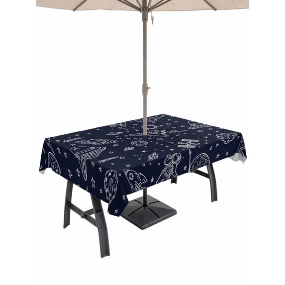 Outdoor Tablecloth with Umbrella Hole for Patio/Picnic/Party/Camping, Cartoon Space Waterproof Table Cloth Rectangle Table Cover Washable, Spacecraft Rocket Meteorite Star Funny (60"x 120")