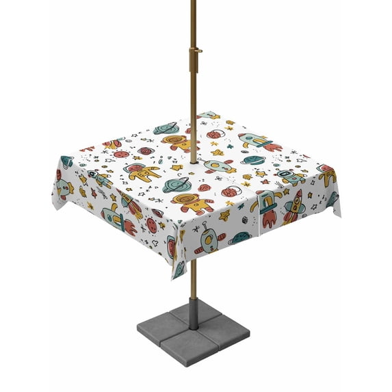 Outdoor Tablecloth with Umbrella Hole for Patio/Picnic/Party/Camping, Cartoon Space Waterproof Table Cloth Square Cover Washable, Funny Cute Rocket Star Planet (60"x 60")
