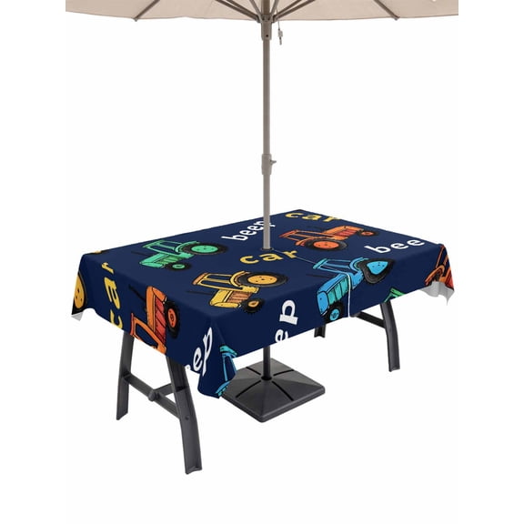 Outdoor Tablecloth with Umbrella Hole for Patio/Picnic/Party/Camping, Cartoon Tractor Waterproof Table Cloth Rectangle Table Cover Washable, Cute Beep Car Digger Shovel Truck Navy Blue (60"x 84")