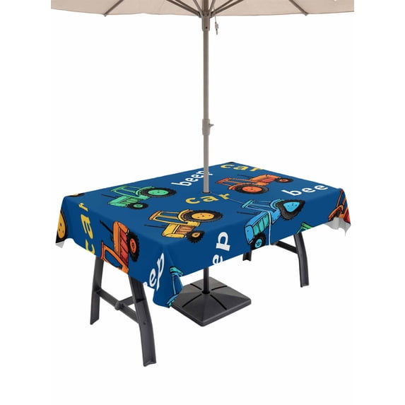 Outdoor Tablecloth with Umbrella Hole for Patio/Picnic/Party/Camping, Cartoon Tractor Waterproof Table Cloth Rectangle Table Cover Washable, Cute Beep Car Digger Shovel Truck Blue (52"x 70")