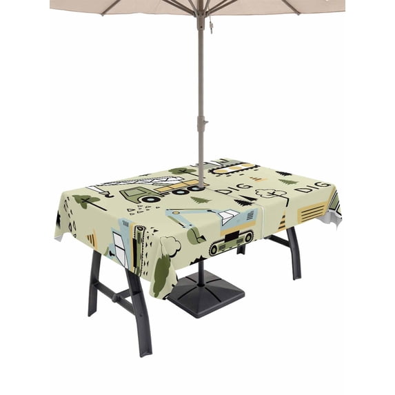 Outdoor Tablecloth with Umbrella Hole for Patio/Picnic/Party/Camping, Cartoon Tractor Waterproof Table Cloth Rectangle Table Cover Washable, Cute Green Digger Shovel Truck Rustic (60"x 102")