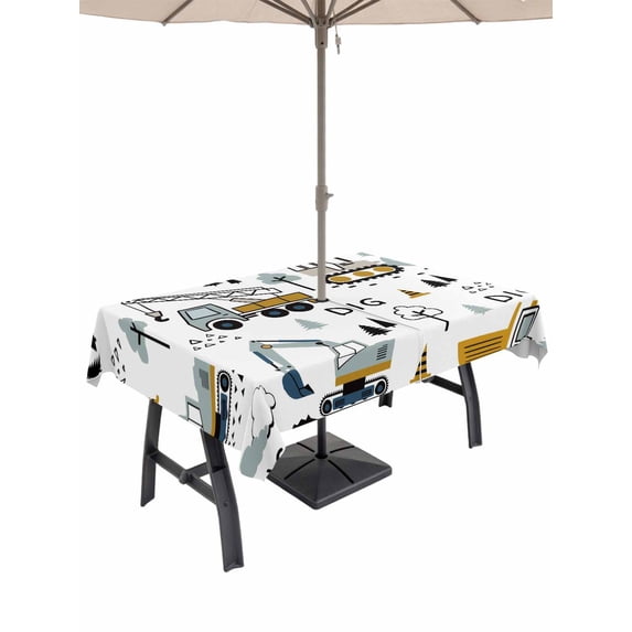 Outdoor Tablecloth with Umbrella Hole for Patio/Picnic/Party/Camping, Cartoon Tractor Waterproof Table Cloth Rectangle Table Cover Washable, Cute Grey Digger Shovel Truck (60"x 84")