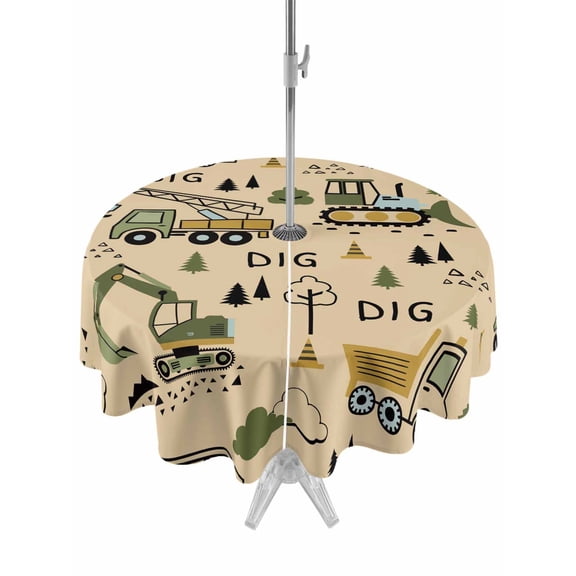 Outdoor Tablecloth with Umbrella Hole for Patio/Picnic/Party/Camping, Cartoon Tractor Waterproof Table Cloth Round Cover Washable, Cute Digger Shovel Truck Car Khaki (Dia 54")