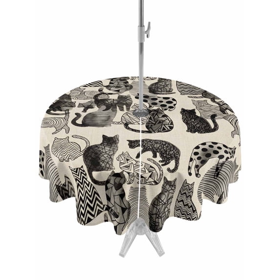 Outdoor Tablecloth with Umbrella Hole for Patio/Picnic/Party/Camping, Cat Waterproof Table Cloth Round Cover Washable, Vintage Geometric Abstract Polka Dot (Dia 54")