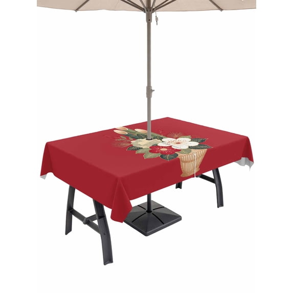 Outdoor Tablecloth with Umbrella Hole for Patio/Picnic/Party/Camping, Cherry Blossoms Waterproof Table Cloth Rectangle Table Cover Washable, Japanese Spring Floral Leaves Rustic Red (54"x 80")