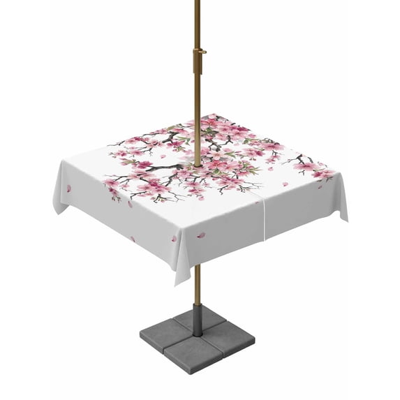 Outdoor Tablecloth with Umbrella Hole for Patio/Picnic/Party/Camping, Cherry Flowers Waterproof Table Cloth Square Cover Washable, Spring Modern Pink Floral Branch (54"x 54")