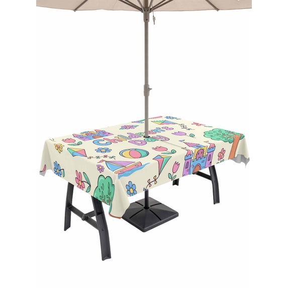 Outdoor Tablecloth with Umbrella Hole for Patio/Picnic/Party/Camping, Children's Day Waterproof Table Cloth Rectangle Table Cover Washable, Airplanes Sailing Boats Tree Cartoon Cream (60"x 102")