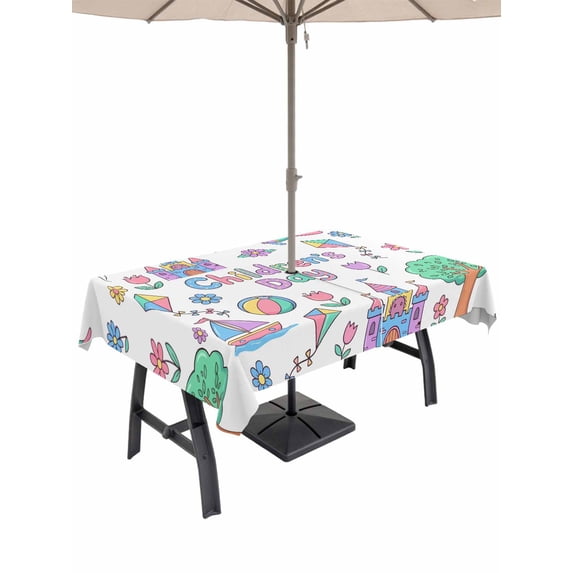 Outdoor Tablecloth with Umbrella Hole for Patio/Picnic/Party/Camping, Children's Day Waterproof Table Cloth Rectangle Table Cover Washable, Airplanes Sailing Boats Tree Cartoon School (52"x 70")