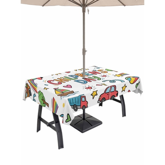 Outdoor Tablecloth with Umbrella Hole for Patio/Picnic/Party/Camping, Children's Day Waterproof Table Cloth Rectangle Table Cover Washable, Car Tree Stars Modern Abstract Art (54"x 80")