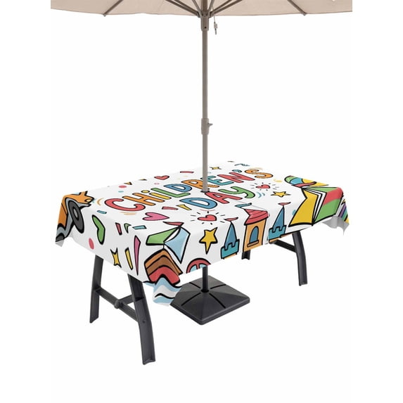 Outdoor Tablecloth with Umbrella Hole for Patio/Picnic/Party/Camping, Children's Day Waterproof Table Cloth Rectangle Table Cover Washable, Car Tree Stars Modern Abstract Art Cartoon (60"x 120")
