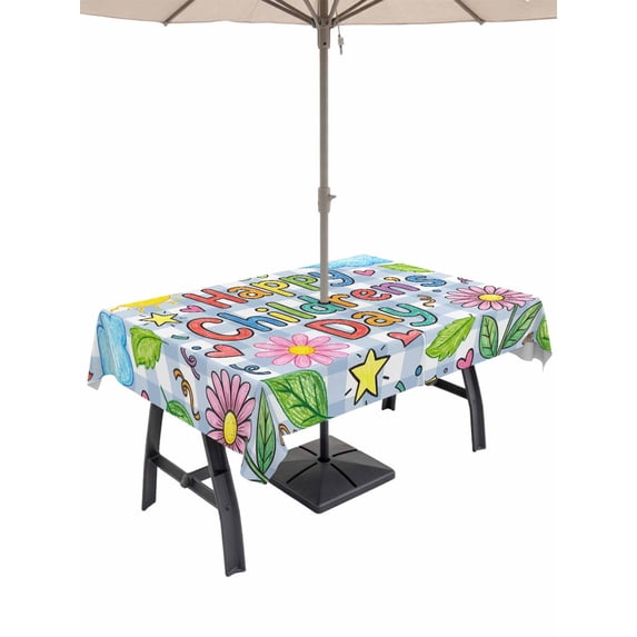 Outdoor Tablecloth with Umbrella Hole for Patio/Picnic/Party/Camping, Children's Day Waterproof Table Cloth Rectangle Table Cover Washable, Cartoon Cute Flowers Leaf Blue Plaid (60"x 102")