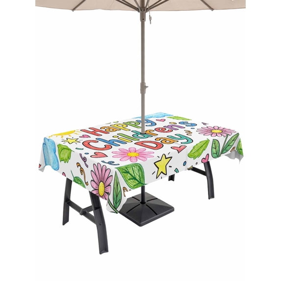 Outdoor Tablecloth with Umbrella Hole for Patio/Picnic/Party/Camping, Children's Day Waterproof Table Cloth Rectangle Table Cover Washable, Cartoon Cute Sun Nature Flowers Leaf (60"x 84")