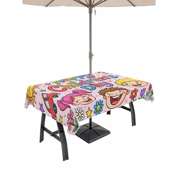 Outdoor Tablecloth with Umbrella Hole for Patio/Picnic/Party/Camping, Children's Day Waterproof Table Cloth Rectangle Table Cover Washable, Cartoon Cute Watercolor Truck Flower Pink (52"x 70")