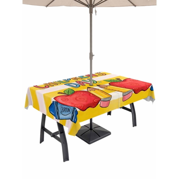 Outdoor Tablecloth with Umbrella Hole for Patio/Picnic/Party/Camping, Children's Day Waterproof Table Cloth Rectangle Table Cover Washable, Cartoon Pencil Watercolor Yellow Striped (60"x 120")