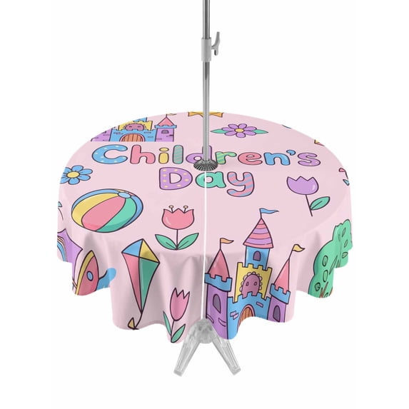 Outdoor Tablecloth with Umbrella Hole for Patio/Picnic/Party/Camping, Children's Day Waterproof Table Cloth Round Cover Washable, Airplanes Sailing Boats Tree Cartoon Pink (Dia 54")