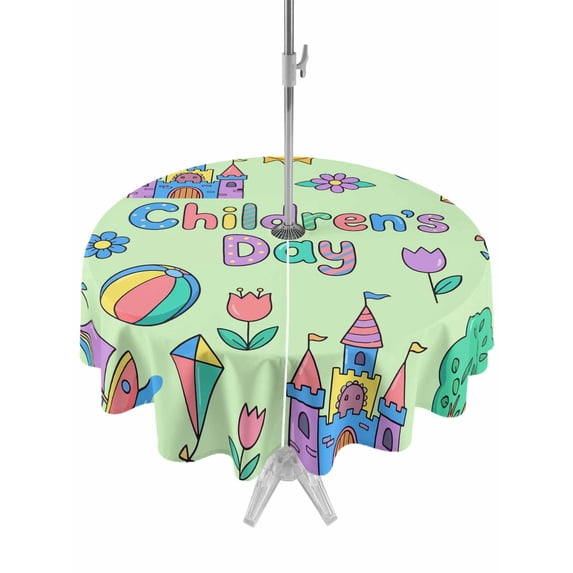 Outdoor Tablecloth with Umbrella Hole for Patio/Picnic/Party/Camping, Children's Day Waterproof Table Cloth Round Cover Washable, Airplanes Sailing Boats Tree Cartoon Green (Dia 60")