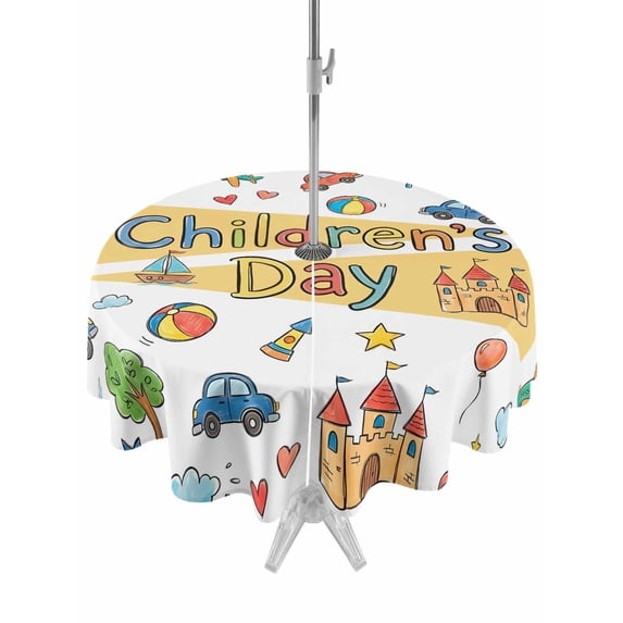 Outdoor Tablecloth with Umbrella Hole for Patio/Picnic/Party/Camping, Children's Day Waterproof Table Cloth Round Cover Washable, Car Tree Stars Cartoon Modern Art (Dia 60")