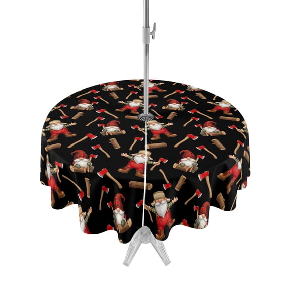 Outdoor Tablecloth with Umbrella Hole for Patio/Picnic/Party/Camping, Christmas Gnomes Waterproof Table Cloth Round Cover Washable, Black Xmas Star Hat Axe Wood Cartoon (Dia 54")