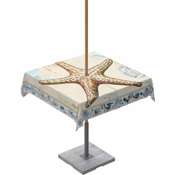 Outdoor Tablecloth with Umbrella Hole for Patio/Picnic/Party/Camping, Coastal Beach Starfish Waterproof Table Cloth Square Cover Washable, Summer Vintage Watercolor Wave 60"x 60"