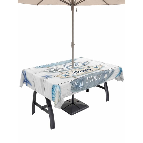 Outdoor Tablecloth with Umbrella Hole for Patio/Picnic/Party/Camping, Coastal Beach Waterproof Table Cloth Rectangle Table Cover Washable, Ocean Nautical Surfboards Starfish Wood Grain (52"x 70")