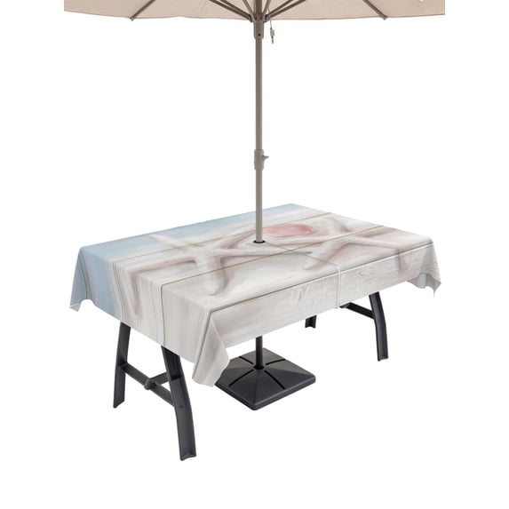 Outdoor Tablecloth with Umbrella Hole for Patio/Picnic/Party/Camping, Coastal Beach Waterproof Table Cloth Rectangle Table Cover Washable, Summer Nautical Starfish Shell Wooden Gray Blue (60"x 102")