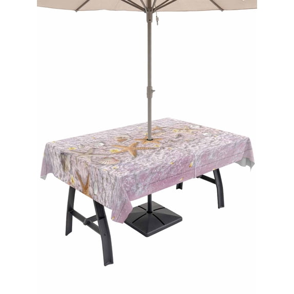 Outdoor Tablecloth with Umbrella Hole for Patio/Picnic/Party/Camping, Coastal Beach Waterproof Table Cloth Rectangle Table Cover Washable, Summer Ocean Sea Starfish Pink Wooden Grain (60"x 120")
