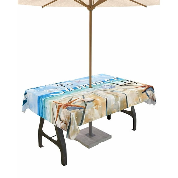 Outdoor Tablecloth with Umbrella Hole for Patio/Picnic/Party/Camping, Coastal Beach Waterproof Table Cloth Rectangle Table Cover Washable, Summer Ocean Wave Starfish Shell Plank 52"x 70"